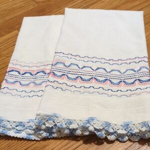 Vintage,Embroidered White Hand Towels/Dishtowels with Blue and Pink Accents
